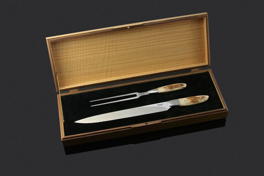 Mammoth Ivory and Stainless Steel Carving Set display box open