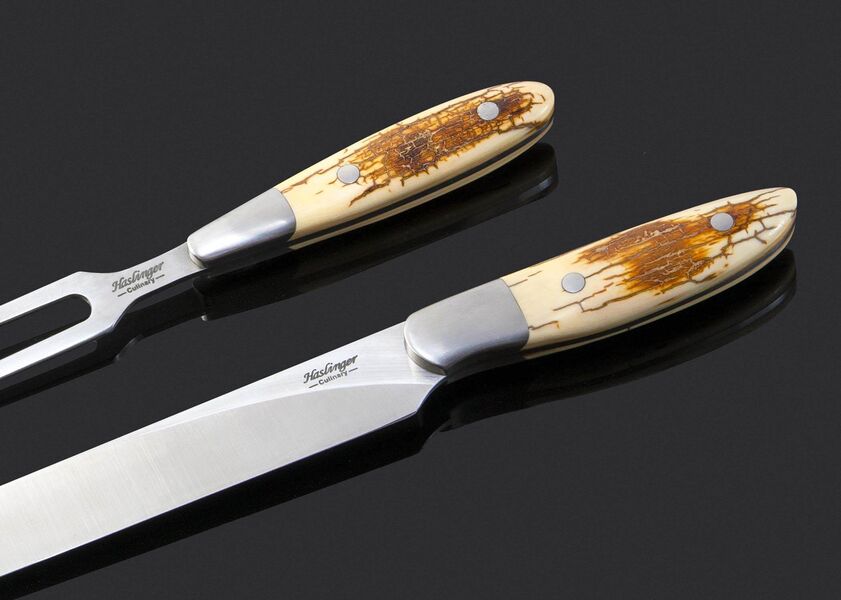 Mammoth Ivory and Stainless Steel Carving Set close up view