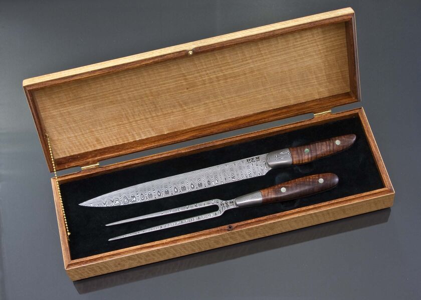 Damascus Carving Set Curly Koa closed box