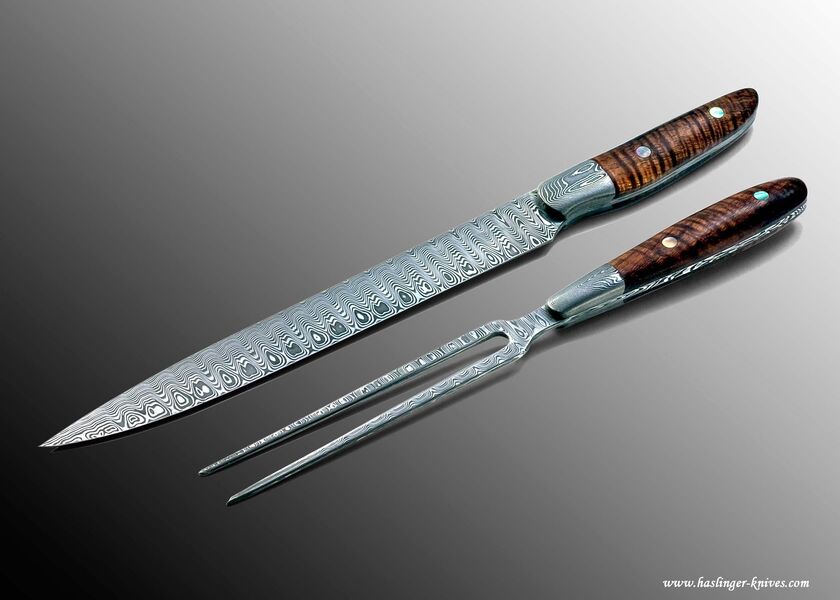 Damascus Carving Set Curly Koa Handle