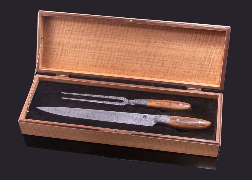 Stainless Ladder Damascus Mammoth Ivory Handled Carving Set boxed