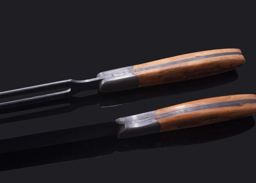 Stainless Ladder Damascus Mammoth Ivory Handled Carving Set bottom view