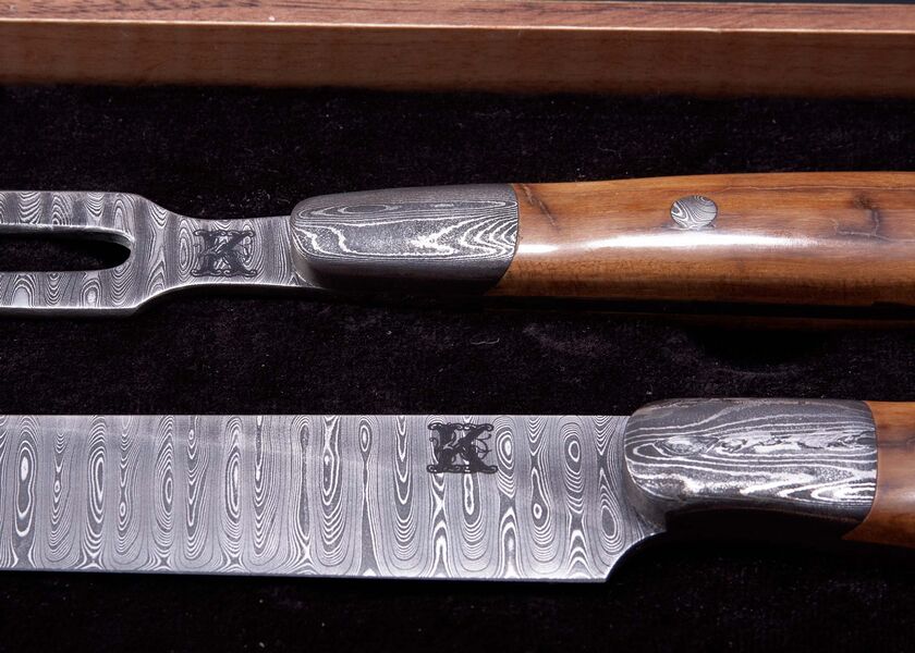 Stainless Ladder Damascus Mammoth Ivory Handled Carving Set detail view