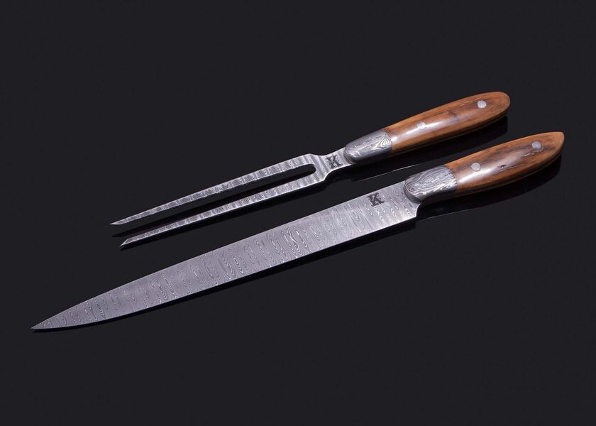 Stainless Ladder Damascus Mammoth Ivory Handled Carving Set