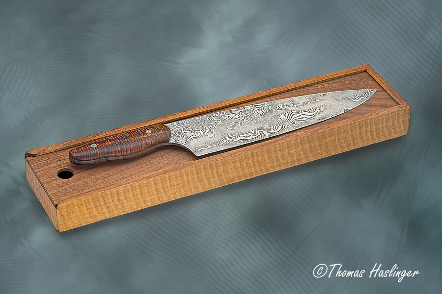 10.5" bladed Carbon Damascus Chef with Curly Koa Handle America Walnut box