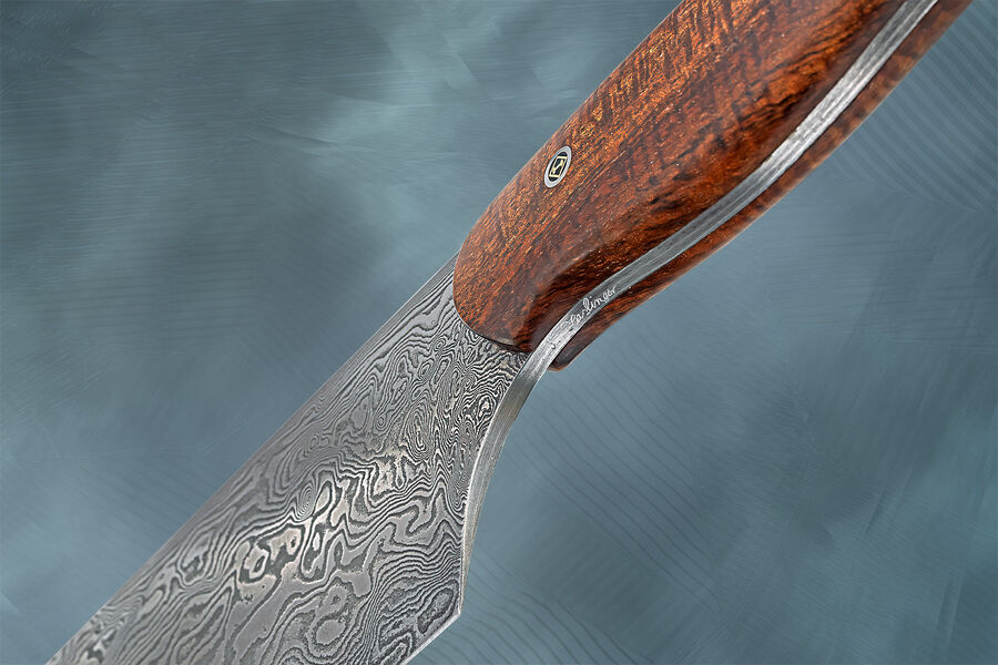 10.5" bladed Carbon Damascus Chef with Curly Koa Handle signature view