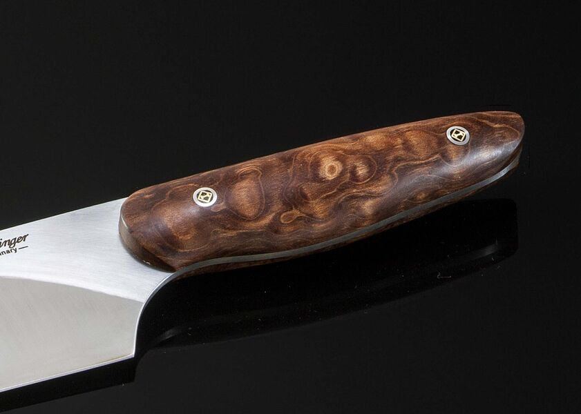 8" Bladed Evolution Chef Knife with Quilted Maple Handle close up