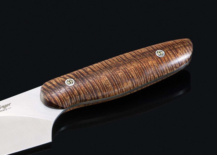 Curly Koa Evolution Chef Knife with 140 mm blade close up