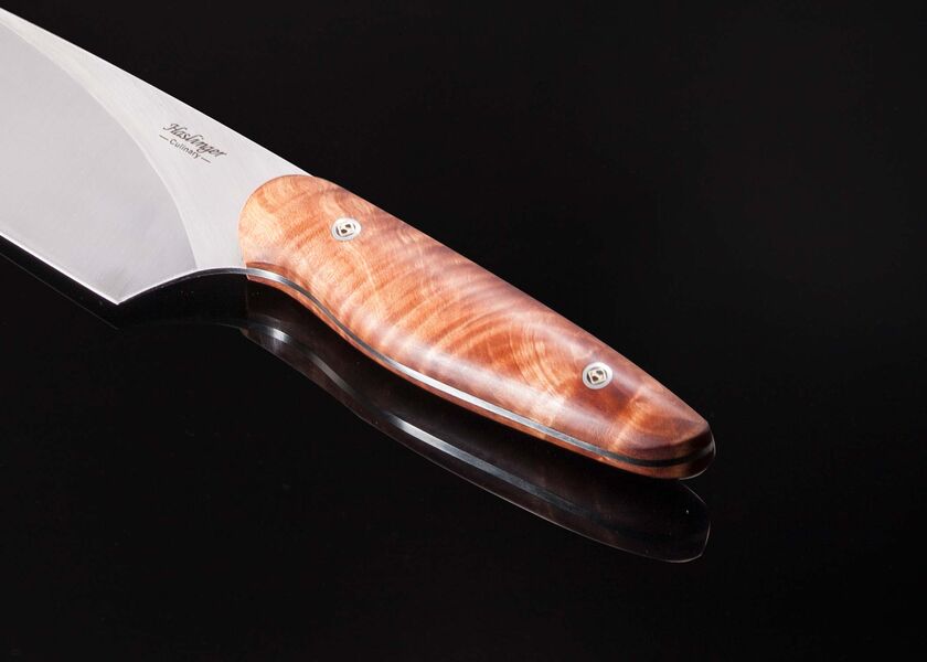 Evolution Chef Knife 190mm Blade with Fiddleback Maple Handle close up
