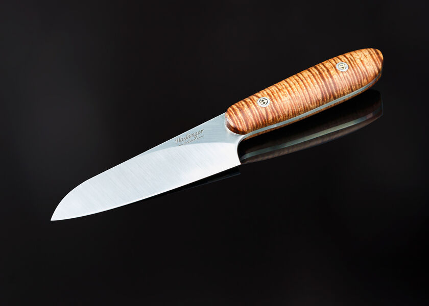Santuko paring knife handled in curly koa