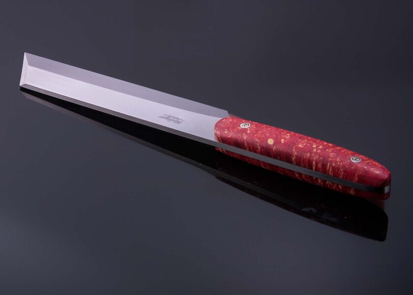 Mukimono handled in georgous red colored maple burl back view