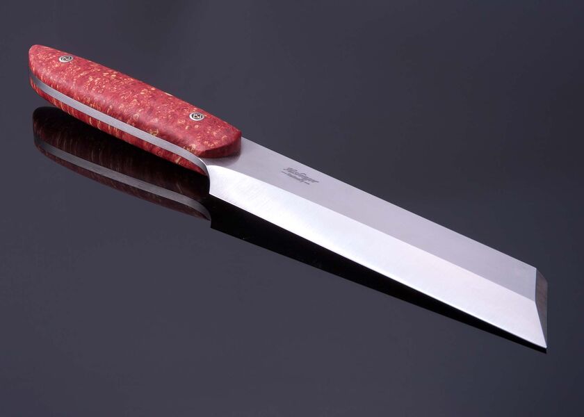 Mukimono handled in georgous red colored maple burl tip view